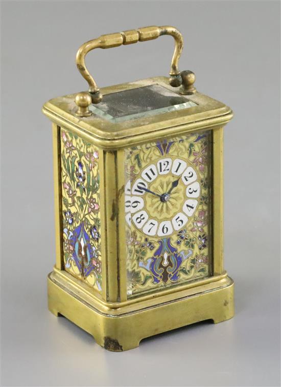 A French miniature brass and champleve enamel carriage timepiece, c.1900, 3in.